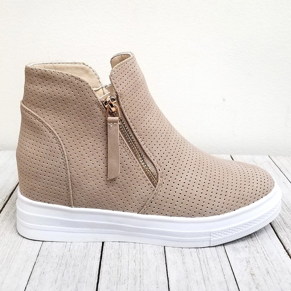 New Beige Perforated Wedge Platform Sneakers - Picture 2 of 3